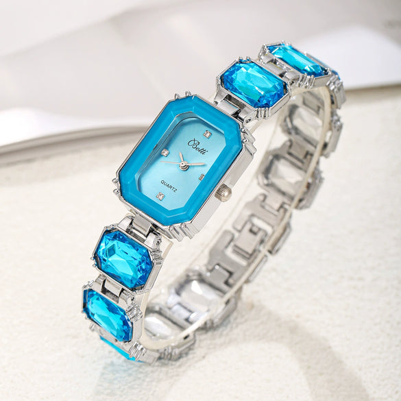 Women's Fashion Square Quartz Watch With Rhinestones Alloy Bracelet Stainless Steel Case And Buckle Pu Strap