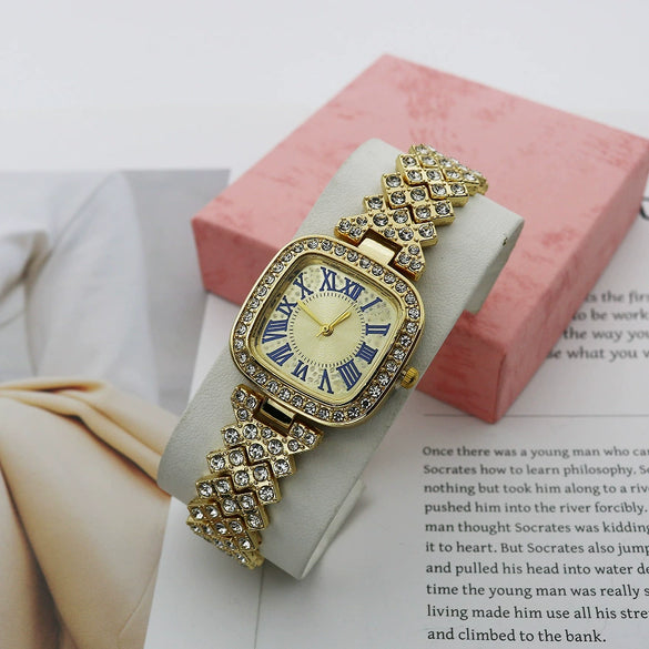 Women's Fashion Square Starry Quartz Alloy And Stainless Steel Watch With Diamond Embedded And Spiral Crown