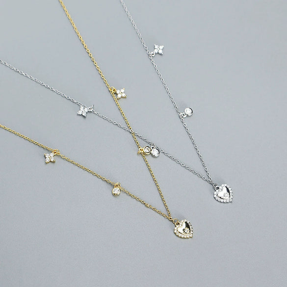 Women's Fashion Stacked Heartshaped Clavicle Necklace S925 Silver Ochain With Electroplating