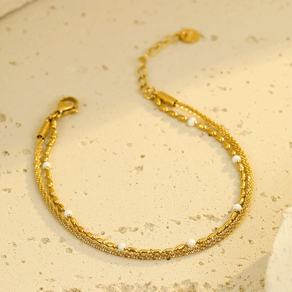 Women's Fashion Stainless Steel And 18K Gold Stacked Bracelets With Colorful Rice Beads And Electroplating Treatment