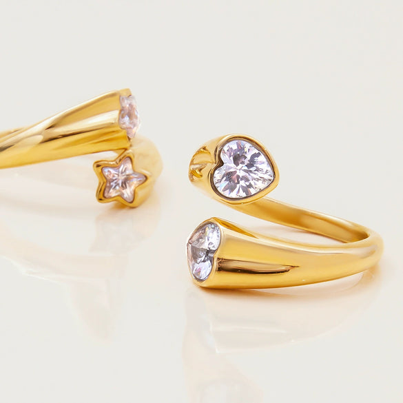 Women's Fashion Stainless Steel Asymmetric Opening Fivepointed Star Zircon Ring Electroplated Jewelry