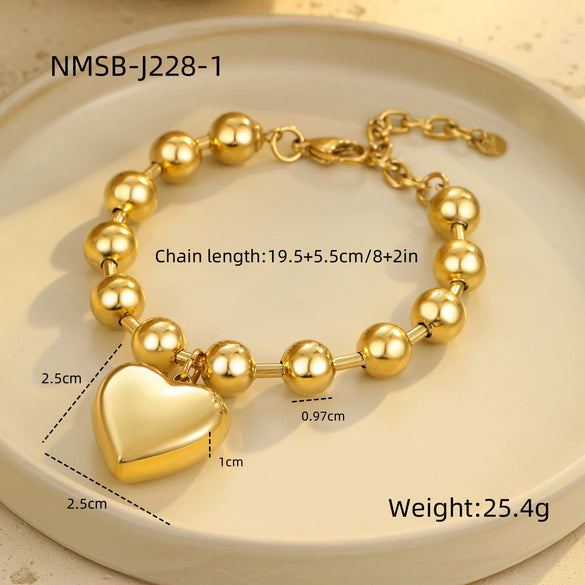 Women's Fashion Stainless Steel Beaded Heart Shaped Geometric Bracelet With 18K Electroplating