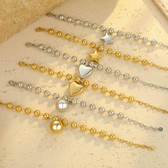 Women's Fashion Stainless Steel Beaded Heart Shaped Geometric Bracelet With 18K Electroplating