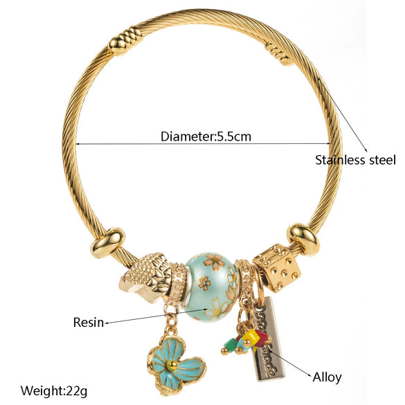 Women's Fashion Stainless Steel Bracelet With Diamond And Flower Pendant