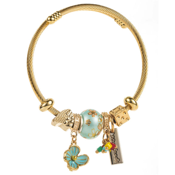 Women's Fashion Stainless Steel Bracelet With Diamond And Flower Pendant