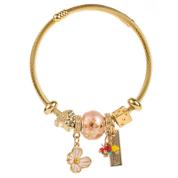 Women's Fashion Stainless Steel Bracelet With Diamond And Flower Pendant