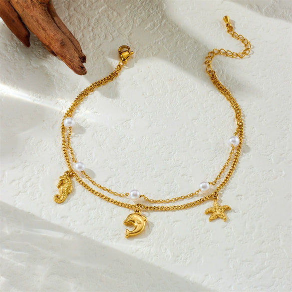 Women's Fashion Stainless Steel Chain With Pearl And Marine Life Animal Zodiac Pendant