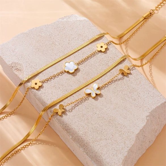 Women's Fashion Stainless Steel Foot Chain With Flower Pattern And Multilayer Stacked Design