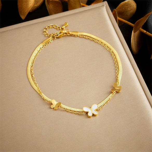 Women's Fashion Stainless Steel Foot Chain With Flower Pattern And Multilayer Stacked Design