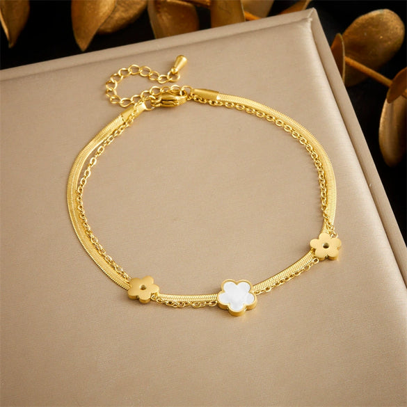 Women's Fashion Stainless Steel Foot Chain With Flower Pattern And Multilayer Stacked Design