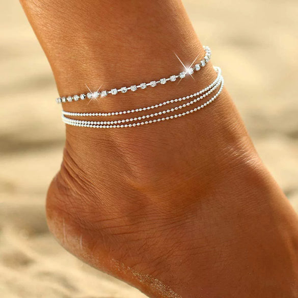 Women's Fashion Stainless Steel Multi Layer Cuban And Snake Chain Anklet With Geometric Design