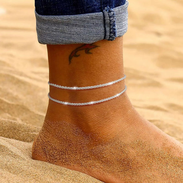 Women's Fashion Stainless Steel Multi Layer Cuban And Snake Chain Anklet With Geometric Design