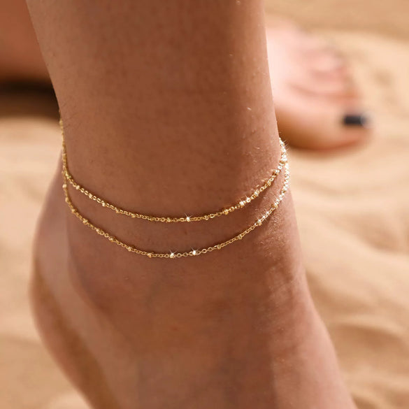 Women's Fashion Stainless Steel Multi Layer Cuban And Snake Chain Anklet With Geometric Design