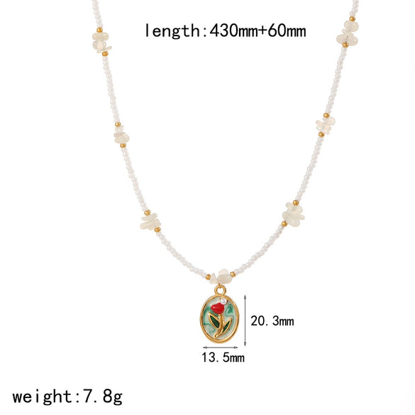 Women's Fashion Stainless Steel Necklace With Electroplating Pearl Chain And Rose Flower Pendant