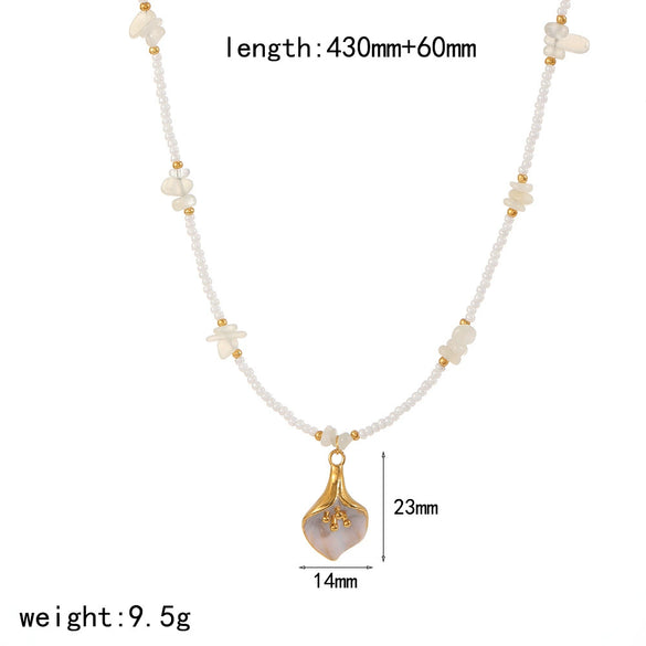 Women's Fashion Stainless Steel Necklace With Electroplating Pearl Chain And Rose Flower Pendant