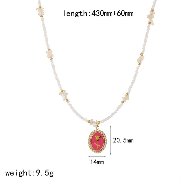 Women's Fashion Stainless Steel Necklace With Electroplating Pearl Chain And Rose Flower Pendant