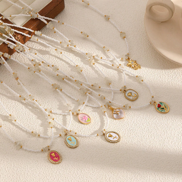 Women's Fashion Stainless Steel Necklace With Electroplating Pearl Chain And Rose Flower Pendant