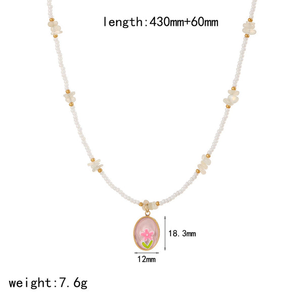 Women's Fashion Stainless Steel Necklace With Electroplating Pearl Chain And Rose Flower Pendant