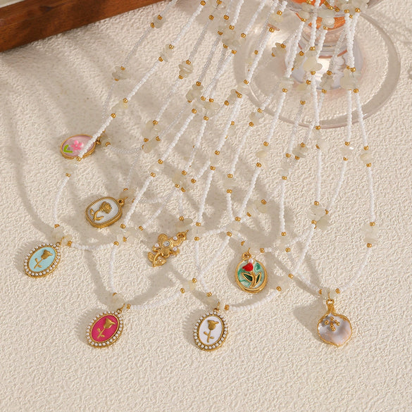 Women's Fashion Stainless Steel Necklace With Electroplating Pearl Chain And Rose Flower Pendant