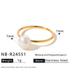 Women’s Fashion Stainless Steel Ring With Imitation Pearl Geometric Design And 18K Vacuum Plated Finish