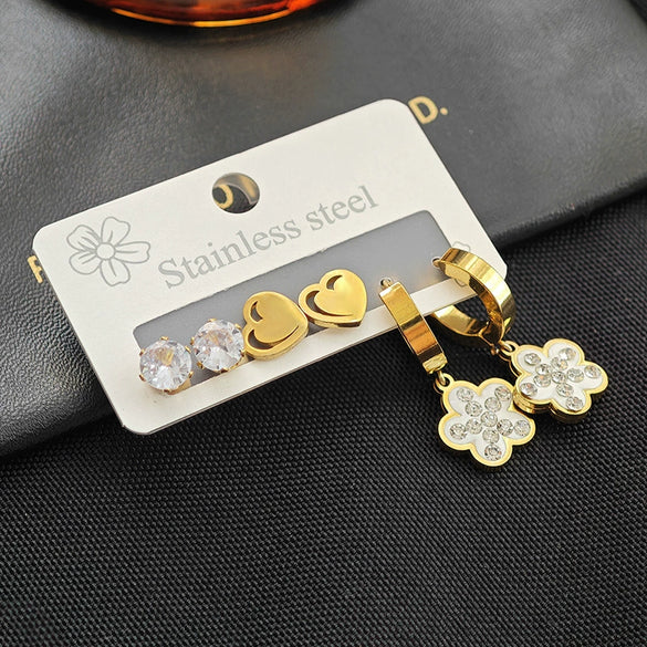 Women's Fashion Steel Heart And Flower Shaped Electroplated Earrings