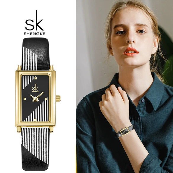 Women's Fashion Striped Square Watch Alloy Case Stainless Steel Buckle Pu Strap Mineral Reinforced Glass Mirror Waterproof Business Style