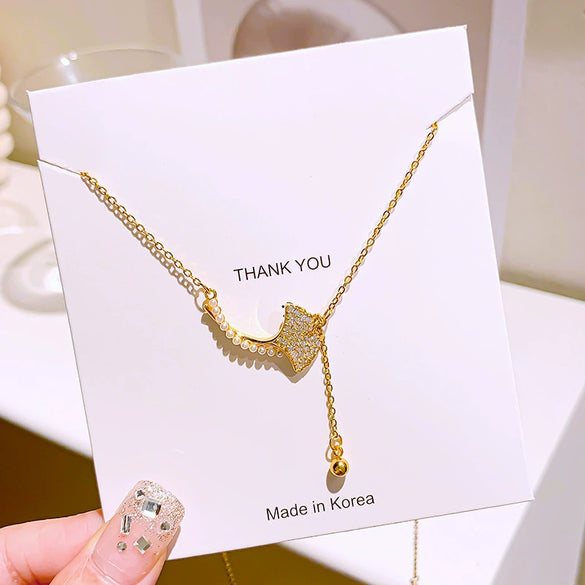 Women's Fashion Titanium Steel And Copper Ginkgo Leaf Tassel Necklace With Diamond Design