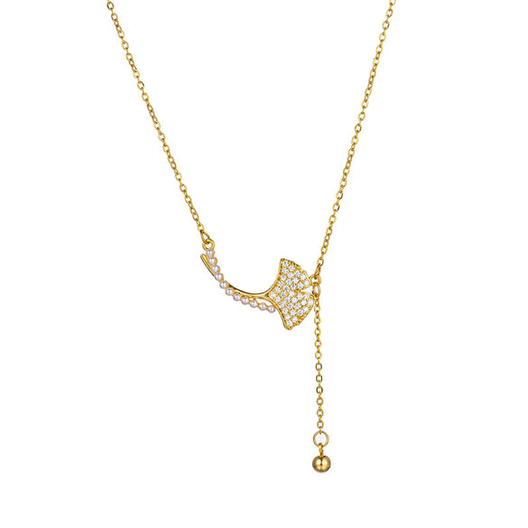 Women's Fashion Titanium Steel And Copper Ginkgo Leaf Tassel Necklace With Diamond Design