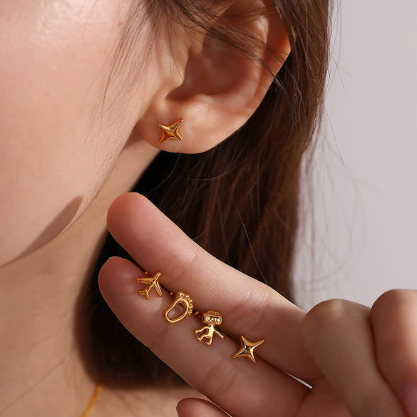 Women's Fashion 316L Stainless Steel Glossy Aircraft Robot Shape Electroplated Earrings