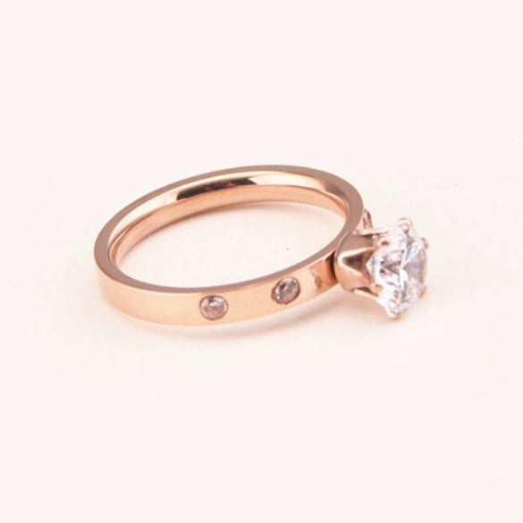 Women's Fashion Stainless Steel Rose Gold Geometric Ring With Zircon Inlay And Electroplated Finish