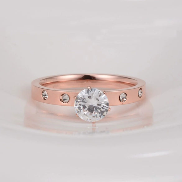 Women's Fashion Stainless Steel Rose Gold Geometric Ring With Zircon Inlay And Electroplated Finish