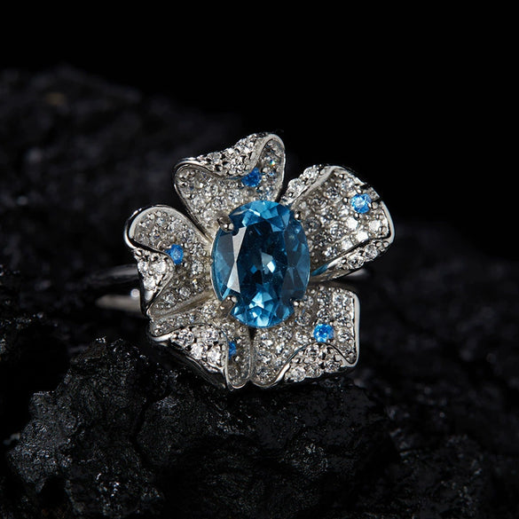 Women's Fashion Trendy Flower Design S925 Sterling Silver Natural Topaz Garnet Color Treasure Ring