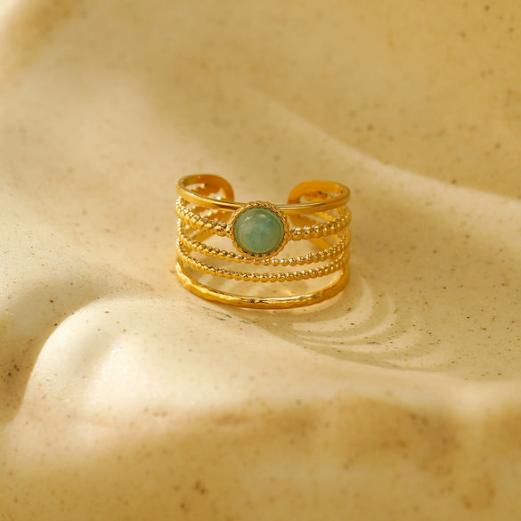 Women's Fashion Versatile Highend Open Ring Jewelry Titanium Steel Natural Green Aventurine Electroplated