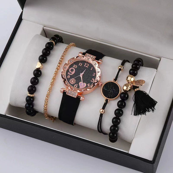 Women's Fashion Watch Bracelet Set Alloy Imitation Leather Rose Gold Buckle Round Quartz Watch