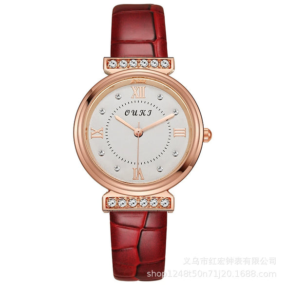 Women's Fashion Waterproof Luxury Leisure Alloy Case Sapphire Crystal Glass Mirror Imitation Leather Strap Round Dial Watch