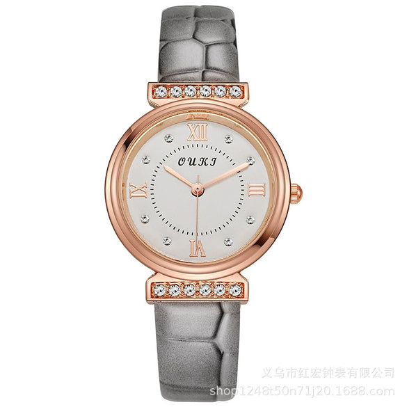 Women's Fashion Waterproof Luxury Leisure Alloy Case Sapphire Crystal Glass Mirror Imitation Leather Strap Round Dial Watch