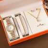 Women's Fashionable Alloy And Stainless Steel Quartz Watch Bracelet Earrings Ring Necklace Gift Set With Oval Dial
