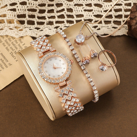 Women's Fashionable Alloy And Stainless Steel Quartz Watch Bracelet Earrings Ring Necklace Gift Set With Oval Dial