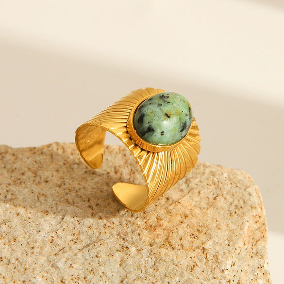 Women's Fashionable Elegant French Retro Court Style Oval Open Ring African Turquoise Titanium Steel Geometric Electroplated