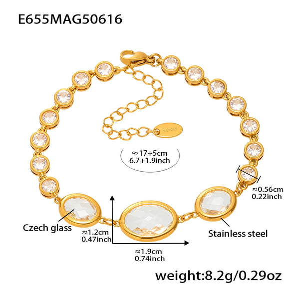 Women's Fashionable Geometric Ferris Wheel Oval Faceted Glass Stone And 5A Zircon Full Diamond Splicing Electroplated Stainless Steel Bracelet