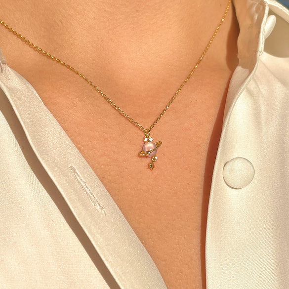 Women's Fashionable Jewelry Copper 18K Star Pattern Planet Saturn Ring Necklace Planetary Pendant Clavicle Chain