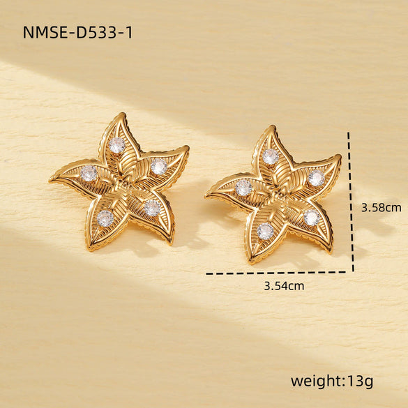 Women's Fashionable Marine Element Starfish And Heart Stainless Steel Electroplating Earrings And Ring Set
