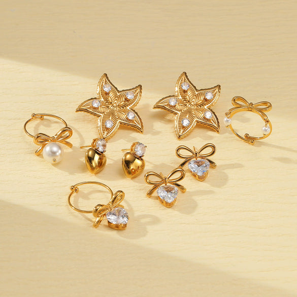 Women's Fashionable Marine Element Starfish And Heart Stainless Steel Electroplating Earrings And Ring Set