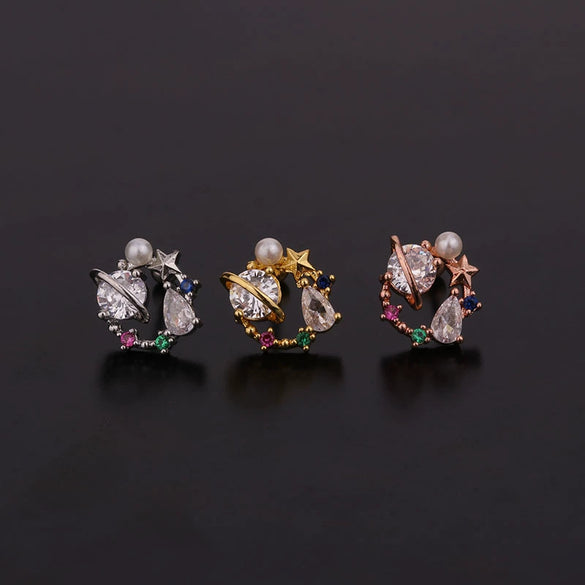 Women's Fashionable Metal Earrings With Colorful Zircon And Flower Pattern