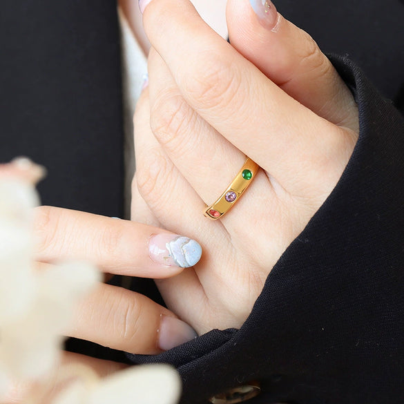 Women's Fashionable Niche Design Colorful Zircon Open Finger Ring Titanium Steel Electroplating Geometric