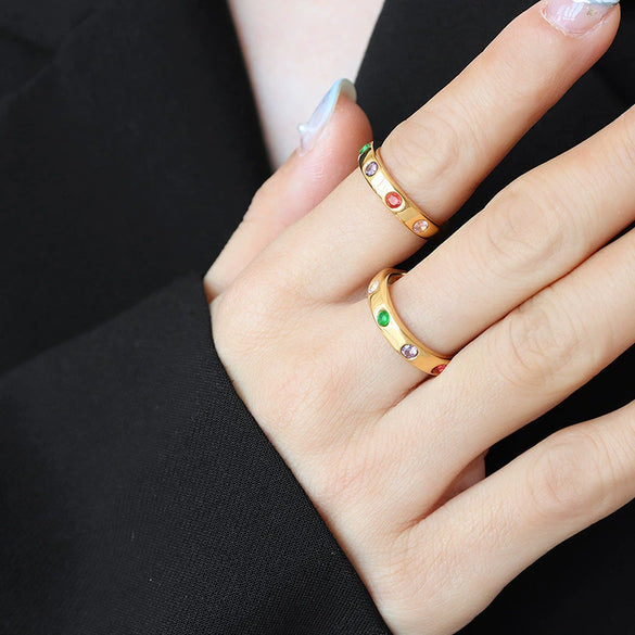 Women's Fashionable Niche Design Colorful Zircon Open Finger Ring Titanium Steel Electroplating Geometric