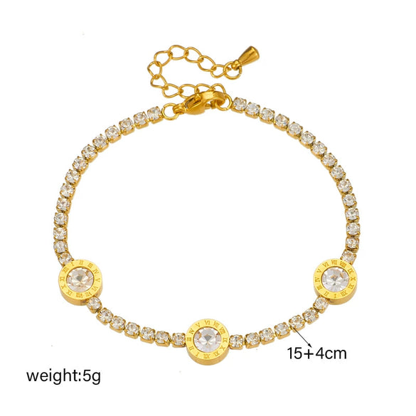 Women's Fashionable Simple Light Luxury Diamondencrusted Roman Round Plate Stainless Steel Bracelet