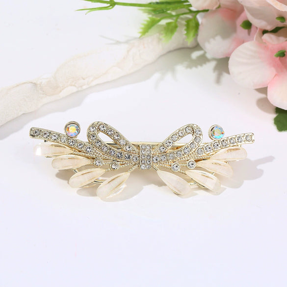 Women's Fashionable Simple Pearl Rhinestone Hairpin Bow Highend Spring Clip Headwear With Baking Paint