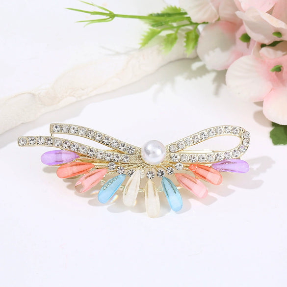 Women's Fashionable Simple Pearl Rhinestone Hairpin Bow Highend Spring Clip Headwear With Baking Paint