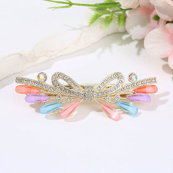 Women's Fashionable Simple Pearl Rhinestone Hairpin Bow Highend Spring Clip Headwear With Baking Paint